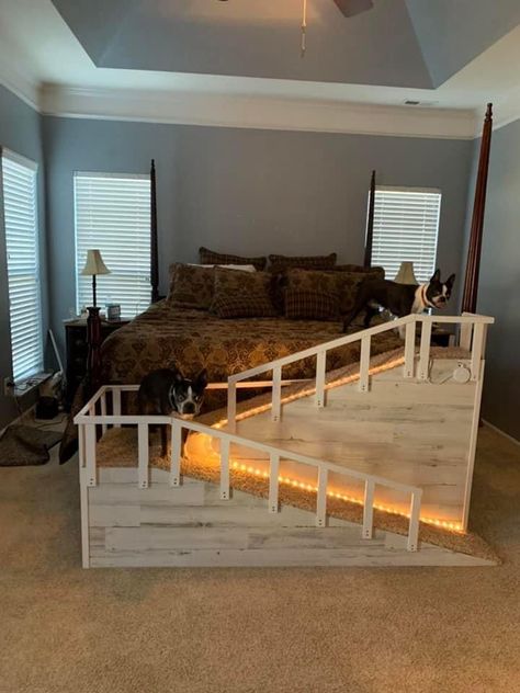 Ideas for Ramp or stairs for dogs to help them get in bed without injuries. Built with LED lighting. Ramp For Bed For Dogs, Stairs For Bed For Dogs, Bed Stairs For Dogs, Stairs For Dogs To Get On Bed, Bed Ramps For Dogs, Ramp For Dogs To Get On Bed, Diy Ramp For Dogs, Dog Stairs For Bed Diy, Dog Steps For Bed Diy