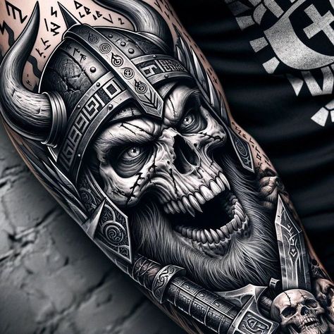 Thor Mjolnir Tattoo, Berserker Tattoo Vikings, Viking Skull Tattoo Design, Skull Warrior Tattoo, Norse God Tattoo, Viking Skull Tattoo, Tattoos For Him, Berserker Tattoo, Viking Tattoo Ideas