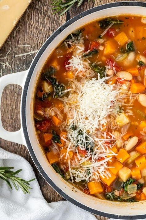 This Minestrone Soup recipe is packed with pancetta, winter vegetables, farro or pasta and plenty of kale for a healthy, satisfying meal. It's a great meal prep recipe and is freezer friendly! #minestronesoup #soup #easyrecipes Pancetta White Bean Soup, White Bean Minestrone Soup, Winter Soup Recipes Healthy, Winter Minestrone Soup, Soups For Winter, Cold Weather Soup Recipes, White Beans And Kale, Winter Minestrone, Beans And Kale