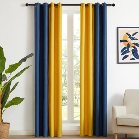 PRICES MAY VARY. SIZE & PACKAGE:Set includes 2 panels 52x63 inch ombre semi-blackout curtains.Each window drapes has 8 grommets,inner inside diameter is 1.6"(4cm),out diameter is 2.3"(5.8cm).Fits up to a 1.25” diameter rod. SEMI-BLACKOUT MATERIAL: Light blocking curtain is made of heavy polyester fabric.Just put the eyelet through the living room curtains rod, the installation is complete.Easy to hang.available in various colors and sizes. CLASSICE HOME DECOR:The front of the semi-blackout curta Yellow And Blue House Decor, Living Room Inspiration Navy Blue, Mustard Yellow And Navy Blue Living Room, Blue Yellow Living Room Decor, Blue And Gold Living Room Decor, Navy Blue Curtains Living Room Ideas, Bright Curtains Living Room, Navy Blue And Yellow Living Room Decor, Blue Curtains Living Room Ideas