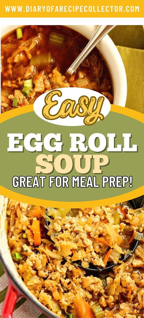 Egg Roll Soup is a delicious low-carb recipe with all the good filling of an egg roll but made healthy with ground chicken.  Plus, it is done in about 30 minutes and great for meal-prep! Egg Roll Soup Crock Pot, Eggroll Soup, Egg Roll Soup Recipe, Egg Roll Soup, Turkey Lasagna, Delicious Low Carb Recipes, Soup Crocks, Chopped Carrots, Soup Dinner