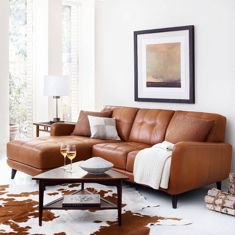 Cowhide Rug Living Room, Burnt Orange Living Room, Family Room Sectional, Living Room Decor Brown Couch, Leather Couches Living Room, Couches Living, Color Palette Living Room, Leather Sofa Living Room, Living Room Orange