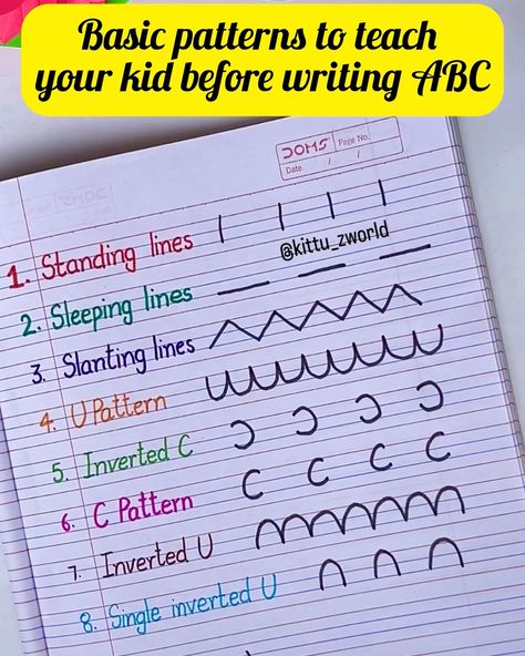 💁🏻‍♀️Basic Patterns To Teach Your Kid Before Writing ABC Very useful & Mandatory patterns 👍 ✍️early writing skills in toddlers 🤩| Nurturing early writing skills in toddlers is a journey filled with growth and discovery . Here’s how we can help: 1️⃣. Start small: Begin with simple activities like scribbling and drawing to develop fine motor skills and creativity. 2️⃣Provide tools: offer markers,crayons and pencils to encourage exploration and experimentation with writing tools. 3️⃣Practi... Pattern Writing For Preschoolers, How To Teach Writing Preschool, How To Teach Toddlers Letters, Basic Patterns Drawing, Toddler Writing Activities, Preschool Writing Activities, Writing Practice For Kids, Worksheet For Preschool, Alphabet Activities Kindergarten