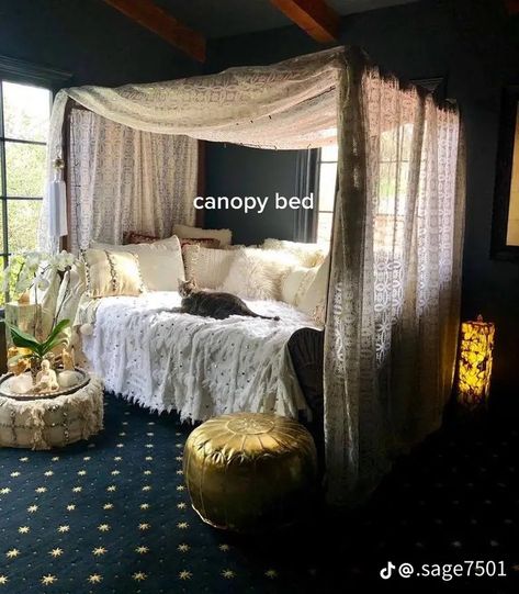 Large Canopy Bed, Bed Canopy Studio Apartment, Ways To Decorate A Canopy Bed, Velvet Canopy Bed Curtains, Bedroom With A Canopy Bed, Industrial Canopy Bed, Canopy Bed Bedroom Decor, Canopy Bedroom Decor Ideas, Curtains On Canopy Bed