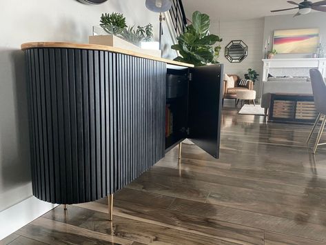 Ikea Fluted Console, Fluted Console Cabinet, Ikea Ivar Sideboard Hack, Diy Fluted Sideboard, Sideboard Color Ideas, Sideboard Makeover Ideas, Diy Buffet Cabinet Makeover, Black Console Cabinet, Colorful Sideboard