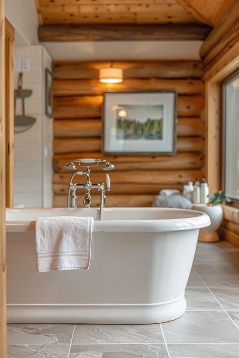 Discover unique log home bathroom ideas to transform your space into a tranquil, rustic retreat that harmonizes with nature's charm. Dive in for inspiration! Cabin Bathroom Ideas Rustic, Log Home Bathroom Ideas, Log Cabin Bathroom Ideas, Log Home Bathrooms, Log Home Bathroom, Log Cabin Bathroom, Home Bathroom Ideas, Western Bathroom Decor, Rustic Log Home