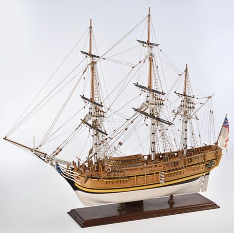 Although built as a merchant ship, the Bounty was assigned to the Royal Navy, where she was used for exploration voyages. Armed with 4 cannons and 8 culverins, the Bounty became famous above all for the mutinity of her crew.  The H.M.S. Bounty is one of the most beautiful models of our collection. The reconstruction of this famous ship has been made possible thanks to the original plans of the British Admiralty. Hms Bounty, Merchant Ship, Wooden Ship Models, Ship Model, Wooden Ship, Model Kits, Medieval Fantasy, Model Ships, Royal Navy