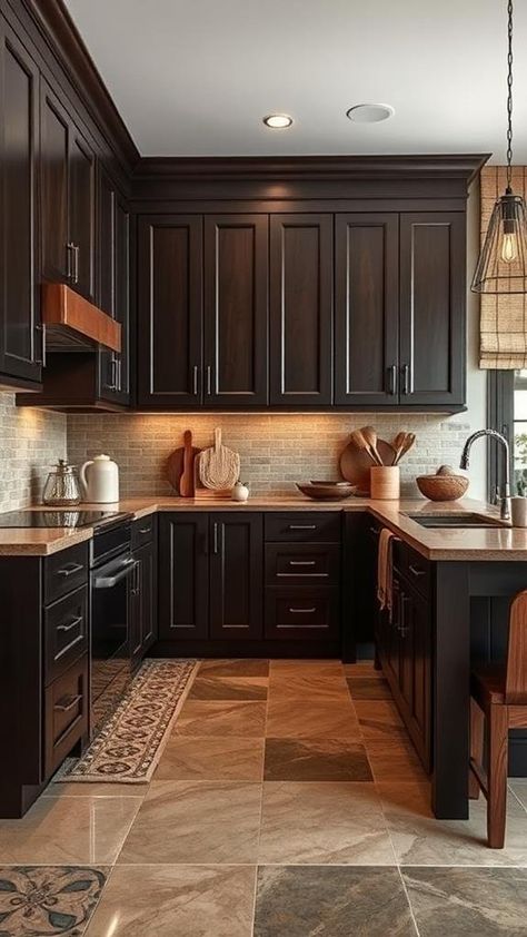 How to Style Your Kitchen with Dark Brown Cabinets Brown Black Kitchen Cabinets, How To Decorate A Kitchen With Dark Brown Cabinets, Reddish Brown Cabinets Kitchen, Backsplash With Espresso Cabinets, Dark Brown House Decor, Light Brown Kitchen Countertops, Dark Base Cabinets Light Uppers, Kitchen Floor With Dark Cabinets, Dark Chocolate Cabinets Kitchen