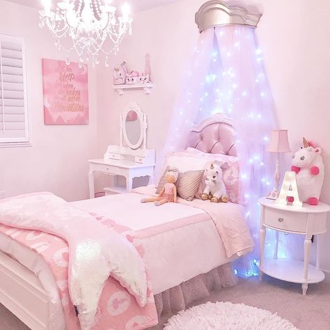 😍Loving my little sis Abby’s room. We added the fairy lights to her canopy today and it’s sooo pretty!!! 💕... I know I promised you guys a room tour of my room, and it will be uploaded soon! Let me know if you guys want a tour of Abby’s as well. #pbteen #potterybarnkids #moniquelhuillier #princessbedroom #unicorn #girlsbedroom #kidyoutuber #claires #itsatclaires #jessalyngrace #homegoods #target #overstock Unicorn Bedroom, Princess Room, Girl Bedroom Designs, Toddler Bedrooms, Girl Bedroom Decor, Big Girl Rooms, Kids Room Design, Kids Bedroom Decor