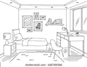 One Point Perspective Room, Room Perspective Drawing, Perspective Room, Bedroom Illustration, Interior Design Sketchbook, Manga Ideas, Black White Home, Furniture Design Sketches, Bedroom Drawing