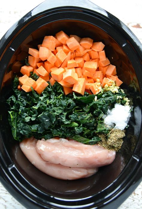 Slow Cooker Chicken, Kale, And Sweet Potato Stew Sweet Potato Stew, Slow Cooker Chicken Healthy, Chicken Kale, Salad Kale, Potato Stew, Chicken Sweet Potato, Kale Recipes, Healthy Slow Cooker, Sweet Potato Soup