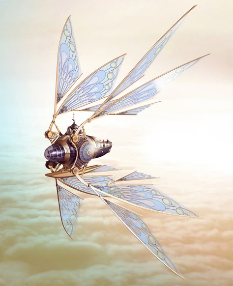 Here is a very interesting design for a dragonfly-winged, steampunk aircraft! Illustration by Ben Walsh,... Airship Art, Steampunk Vehicle, Steampunk Airship, Dragonfly Wings, Arte Robot, Spaceship Concept, Spaceship Design, Gothic Steampunk, Steampunk Art