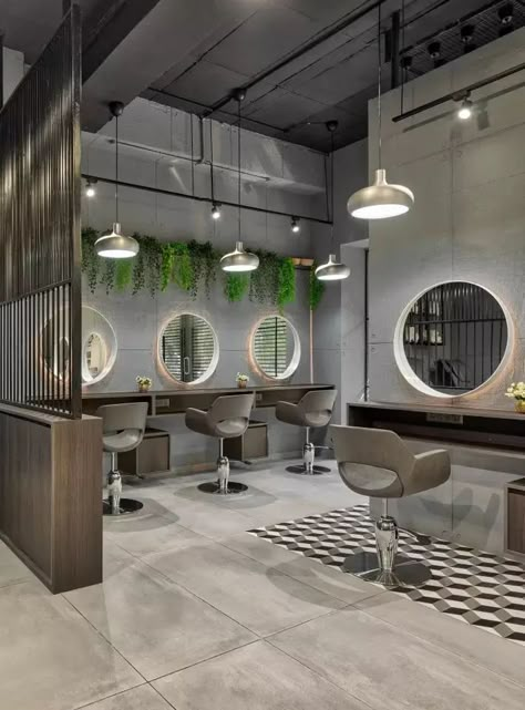 Gray Salon Ideas Interior Design, Hair Salon Industrial, Aesthetic Hairdresser Salon, High End Hair Salon Design, Sage Green Salon Aesthetic, Industrial Beauty Salon, Hairdresser Aesthetic Salon, Grey Hair Salon, Hair Salon Exterior