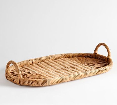 Dinnerware Sale | Pottery Barn Woven Tray Decor, Pottery Barn Dinnerware, Serveware Set, Traditions Around The World, Coastal Interiors Design, Light Colored Wood, Wicker Tray, Coral Design, Outdoor Cushion Covers