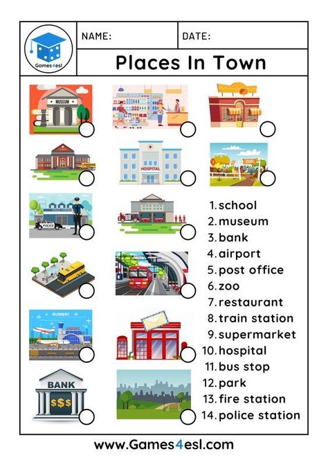 Here is a worksheet practicing different places in town for your ESL students. It's ideal for teaching kids and beginner ESL students learning about buildings and places in town. Community Places, English Teaching Materials, English Activities For Kids, Learning English For Kids, English Worksheets For Kids, Kids English, Petite Section, English Lessons For Kids, English Activities