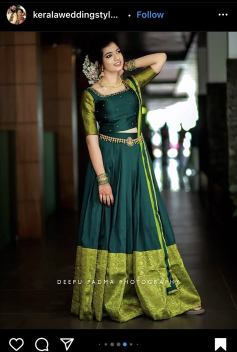 Reshmi Saree Blouse Design, Traditional Dhavani Set, Simple Davani Half Saree Kerala, Saree Skirt And Top, Kerala Traditional Engagement Dress, Dhawani Designs Kerala, Dhavani Half Saree Color Combos, Traditional Skirt And Top Kerala, Pattu Pavada Women