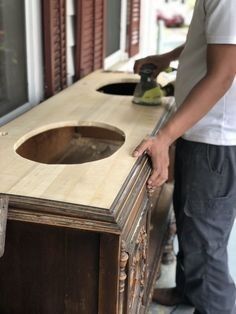 Vintage Buffet Bathroom Sink, Sideboard Sink Bathroom, Bathroom Vanities From Old Furniture, Bathroom With Single Vanity, Bathroom Vanity Dresser Ideas, Buffet As Bathroom Vanity, Side Board Bathroom Vanity, Buffet Sink Vanity, Farmhouse Bathroom Vanity Diy