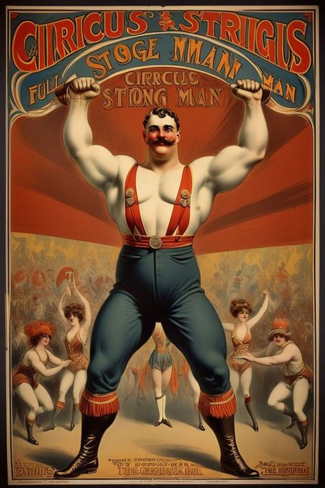 1918 circus poster art style by Mike Lane - Playground Logos, Retro Circus Poster, 19th Century Circus, Vintage Circus Posters Illustration, Old Circus Posters, Spooky Circus, Vintage Circus Performers, Cirque Vintage, Circus Strongman