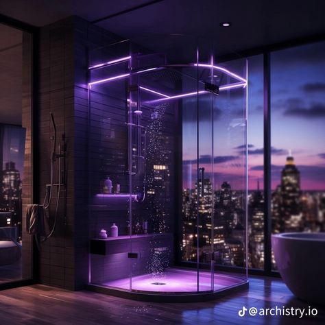 Bathrooms Aesthetic Big, Dark Purple Room Ideas, Big Bathroom Aesthetic, Cyberpunk Bathroom, Pretty Showers, Dark Bathroom Aesthetic, Aesthetic Showers, Led Aesthetic, Shower Aesthetic