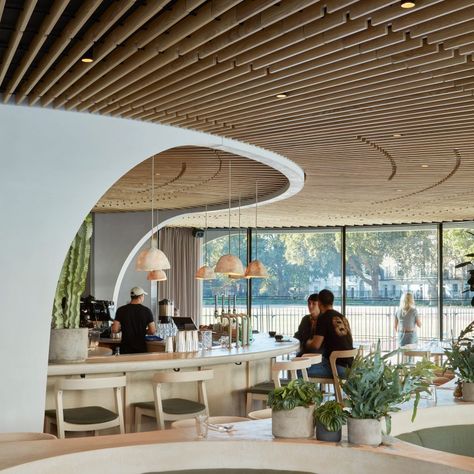 Ceiling Slats, Architecture Restaurant, London Cafe, London Restaurant, Off White Walls, John Pawson, Restaurant Architecture, Modern Restaurant, Rooftop Deck