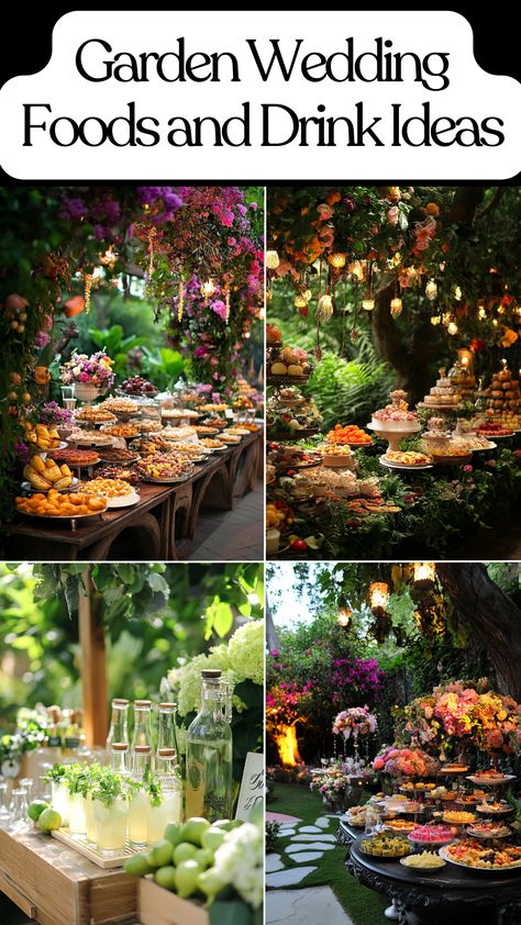 Beautifully arranged garden wedding food and drink stations with a whimsical garden theme. Enchanted Garden Desserts, Garden Party Wedding Reception Food, Garden Wedding Menu Ideas, Fairy Wedding Food, Bridgerton Themed Wedding Reception, Wedding Food And Drink Ideas, Enchanted Garden Food Ideas, Wedding Hydration Station, Enchanted Forest Drinks