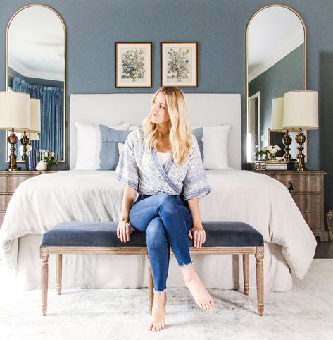 dusty blue grandmillenial bedroom inspiration Blue Gray Master Room, Dormer Master Bedrooms Decor, Blue Room Bedding, Blue Fabric Headboard Bedroom, Chalky Blue Bedroom, Light Gray Guest Bedroom, Blue Painted Master Bedrooms, Pops Of Blue Bedroom, Dusty Blue Primary Bedroom