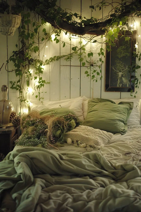 Transform your bedroom into an enchanted forest with vine lights and earthy tones. It’s like stepping into a fairy tale! Mossy Green Aesthetic Bedroom, Nature Themed Bedroom Cozy, Woodland Bedroom Ideas Adults, Jungle Aesthetic Bedroom, Bedroom Inspo Earthy, Farmhouse Inspired Bedroom, Forest Core Bedroom Aesthetic, Cottage Core Room Ideas Bedroom, Antique Themed Bedroom