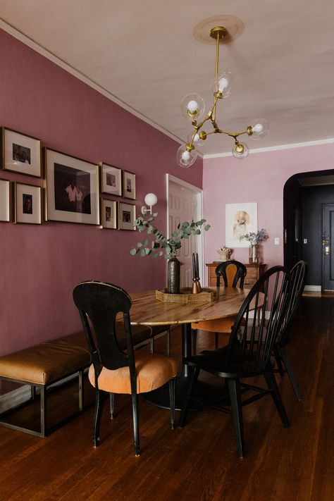 Mauve Dining Room, Bronx Apartment, Mauve Walls, Apartment Painting, Mismatched Dining Chairs, Bohemian Dining Room, Cool Bookshelves, Ikea Design, In Disguise