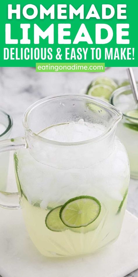 Homemade Limeade is the perfect and delicious summer drink. It is light, refreshing and easy to make. Beat the heat with this delicious drink. We love to garnish the pitcher with fresh lime wedges for this easy homemade limeade recipe. If you are looking for a refreshing drink to serve at your outdoor event, make this homemade limeade. #eatingonadime #homemadelimeade #limeade Limeade Recipe, Yummy Summer Drinks, Perfect Summer Drink, Summer Drink, Lime Wedge, Outdoor Event, Fresh Lime, Beat The Heat, Refreshing Drinks