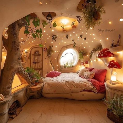 Mushroom Fairy Bedroom, Fairytale Interior Design, Room Inspo Mushroom, Fairycore Bedroom Aesthetic, Mushroom Forest Room Aesthetic, Cottagecore Loft Bed, Fairy Mushroom Aesthetic Bedroom, Forestcore Bedroom, Forest Cottage Aesthetic