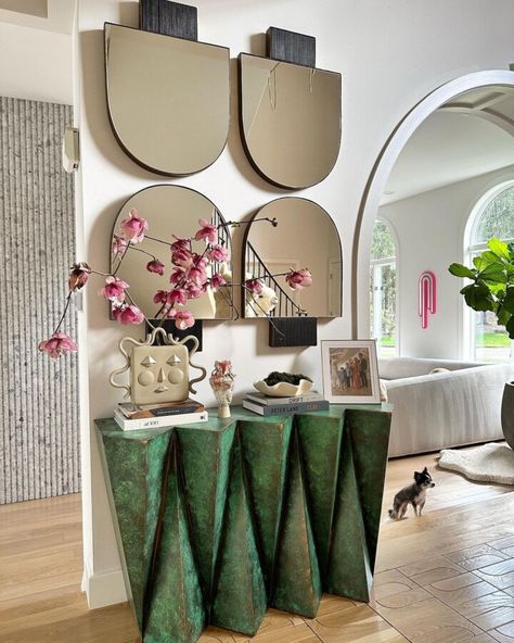 Post Modern Entryway, Organic Brutalism Interior, Home Lobby Design Entrance, Entryway Mirrors, Wall Mirror Living Room, Aesthetic Living Room Decor, Interesting Furniture, African Inspired Decor, Home Entrance