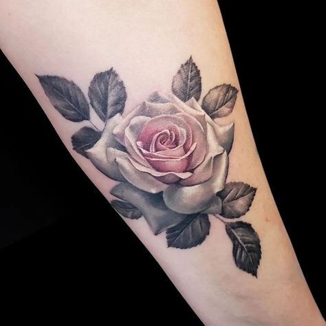 Colored And Black And White Tattoos, Red And White Rose Tattoo, Realistic Flower Tattoo Black And White, Black And White Tattoo With Pop Of Color, White Roses Tattoo, Shaded Tattoos Women, Large Rose Tattoo, Rose Garden Tattoo, Pink Roses Tattoo