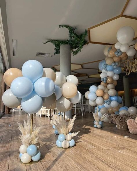 We Can Barely Wait Baby Shower Theme Boy, Baby Boy Shower Ideas Themes Spring, Teddy Bear Balloon Centerpiece, Baby Boy Baptism Decorations, Baby Boy Christening Decorations, Blue And Brown Baby Shower, Baby Shower Theme For Boys, Teddy Bear Plushies, Baby Shower Centerpieces For Boys