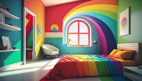 Rainbow Ceiling Design, Bright Colour Bedroom Ideas, Art Theme Bedroom, Primary Color Room, Boys Rainbow Bedroom, Rainbow Mural Kids Room, Boy Rainbow Room, Rainbow Room Kids Girl Bedrooms, Rainbow Room Aesthetic