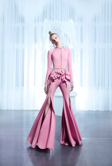 Nicolas Jebran-Spring-Summer 2015 Collection-BellaNaija 20 Pink High Fashion Haute Couture, High Fashion Pants, Cosmic Heart, Nicolas Jebran, Unique Pants, 2015 Couture, Mode Rose, High Fashion Looks, غرفة ملابس