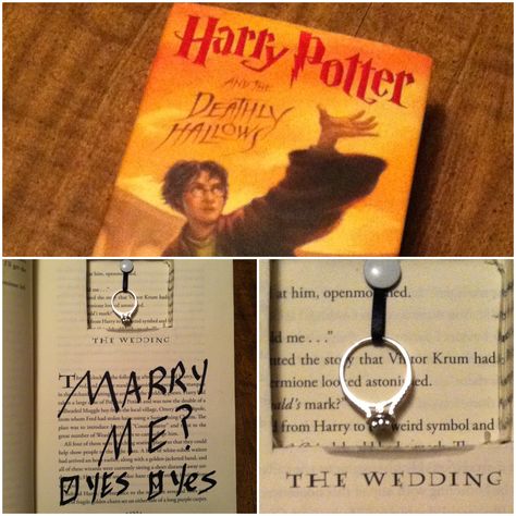 Book Themed Proposal, Book Proposal Engagement, Harry Potter Proposal Ideas, Harry Potter Proposal, Deathly Hallows Book, Harry Potter Ring, Book Opening, Book Proposal, The Deathly Hallows