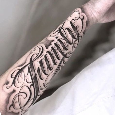 Tattoos That Represent Family For Men, Family Forearm Tattoo Men, Word Family Tattoo, Familia Tattoo Men, Family Tattoos For Men Forearm, Tattoo Designs Men Forearm, Family Lettering, Lettering Tattoo Design, Family Tattoos For Men