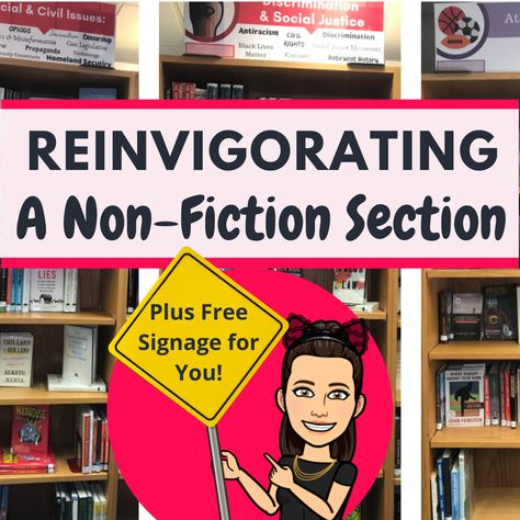 Genrefying High School Library, School Library Set Up Ideas, Junior High Library Ideas, Middle School Library Book Displays, Secondary School Library Displays, Nonfiction Library Displays, Elementary Media Center Ideas, High School Library Book Displays, Library Signage Ideas