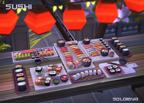 Sims 4 Restaurant, Mods Sims 4, Sushi Recipe, Sims 4 Kitchen, Sims 4 Clutter, The Sims 4 Packs, Sushi Set, Free Sims, Sims Building