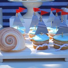 Sailboat Cupcakes, Nautical Cupcake, Dessert Table Birthday, Nautical Birthday Party, Nautical Cake, Boy Baby Shower Ideas, Nautical Themed Party, Nautical Birthday, Dessert Party