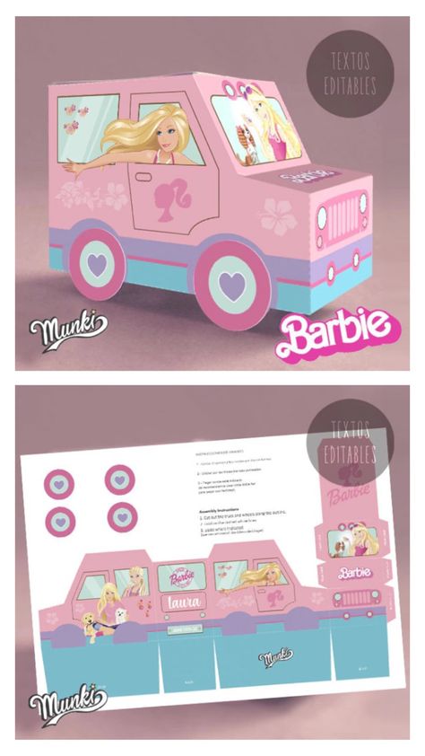 Barbie girl printable candy box Truck favor birthday party Barbie Candy Box Ideas, Barbie Party Favor Boxes, Barbie Party Printables, Barbie Party Favors Diy, Barbie Box Template, Barbie Favor Boxes, Candy Box Ideas, Barbie Party Favors, Gift Box Printable