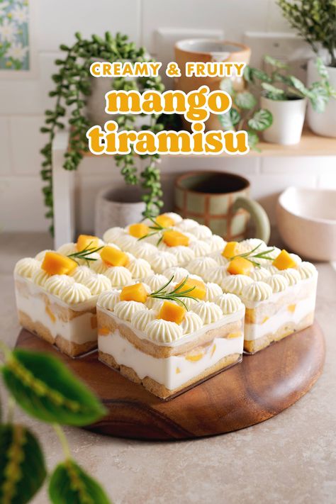 This mango tiramisu is made with mango juice and rum-soaked ladyfingers, mascarpone cream, and fresh mangoes. It's a fruity twist on classic tiramisu! #tiramisu #mango #nobakedessert | teakandthyme.com Mango Tiramisu Recipe, Fruit Tiramisu, Mango Trifle, Mango Tiramisu, Bulk Meals, Classic Tiramisu, Chocolate Tiramisu, Mango Pudding, Mango Dessert