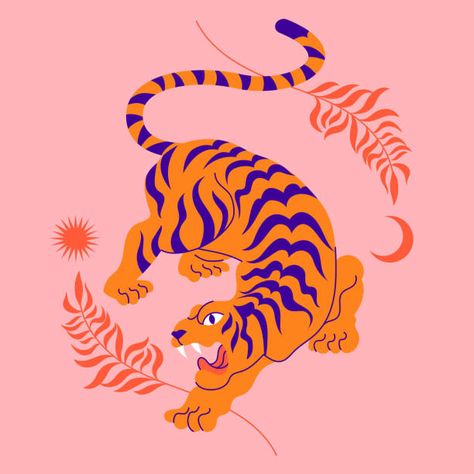 Art Tigre, Asian Tigers, Chinese Tiger, Tiger Illustration, Tiger Painting, Floral Branch, Tiger Design, Tiger Art, Fabric Wall Art