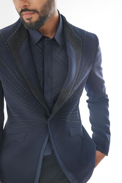 Buy Paarsh Blue Jacket Sunburst Cutdana Embellished Tuxedo With Pant Online | Aza Fashions Blazer For Men Wedding Reception, Blazer Designs For Men, Blazer For Men Wedding, Formal Shirt Design, Indian Wedding Suits Men, Man Dress Design, Blue Tuxedo, Wedding Kurta For Men, Blue Tuxedos