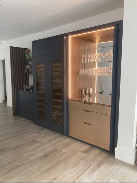 Kitchen Wall Units Modern, Built Ins With Wine Fridge, Wine Fridge In Living Room, Built In Drinks Cabinet, Wine Fridge Bar, Built In Wine Fridge, Cellar Office, Tv Snug, Dining Room Built In Cabinets