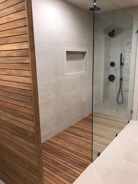 Teak Shower Floor, Shower Remodel Diy, Small Shower Remodel, Teak Bathroom, Bathroom Remodel Shower, Sopot, Wooden Floor, Shower Remodel, Timber Flooring