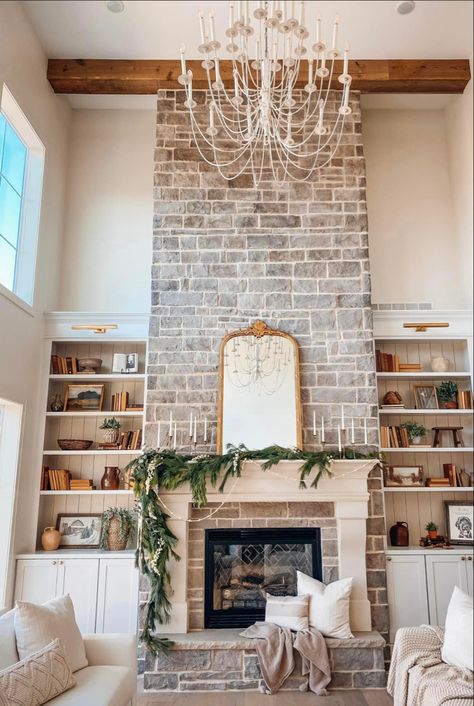 Tall Brick Fireplace High Ceilings, Tall Ceiling Living Room, French Country Fireplace, Stone Fireplace Decor, Oakstone Homes, Country Fireplace, Cottage Fireplace, Tall Fireplace, Brick Fireplace Makeover