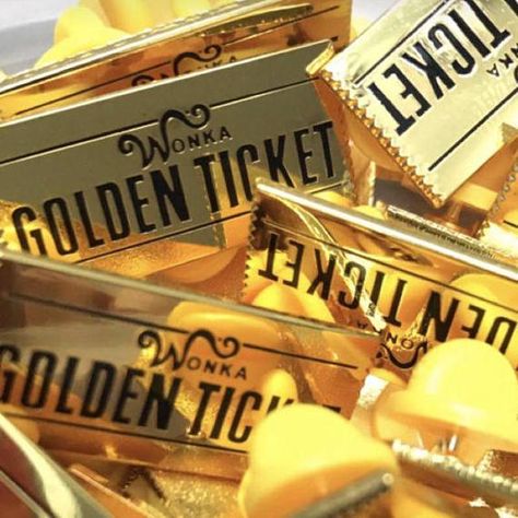 Tim Burton Party, Chocolate Factory Party, Charlie Chocolate Factory, Willy Wonka Party, Golden Ticket, Gold Aesthetic, Willy Wonka, Cool Pins, Chocolate Factory