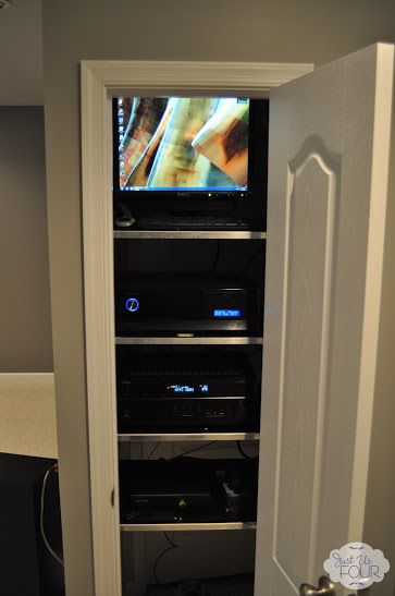 Media Closet Media Closet, Basement Speakeasy, Suburban Kitchen, Tv Above Fireplace, Above Fireplace, Basement Home Theater, Closet Build, Home Theater Room Design, Diy Rack