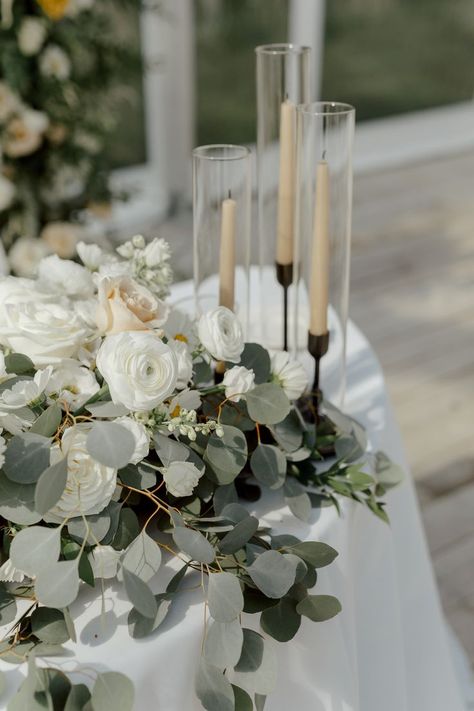 Ivory & Champagne Centrepiece With Soft Sage Greenery | Elegant Wedding Reception | London Ontario Wedding Planner Black Candle Wedding, Champagne Wedding Decorations, Black Candle Sticks, Tent Wedding Ideas, Champagne Centerpiece, Ivory Wedding Decor, Wedding Reception Candles, Planner Photography, Champagne Wedding Colors